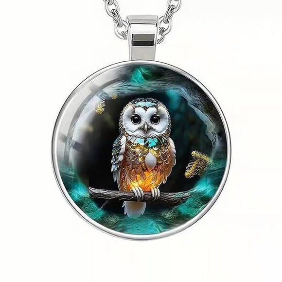 Silver OWL Glass Cabochon Pendant Necklace - Picture 3 of 3
